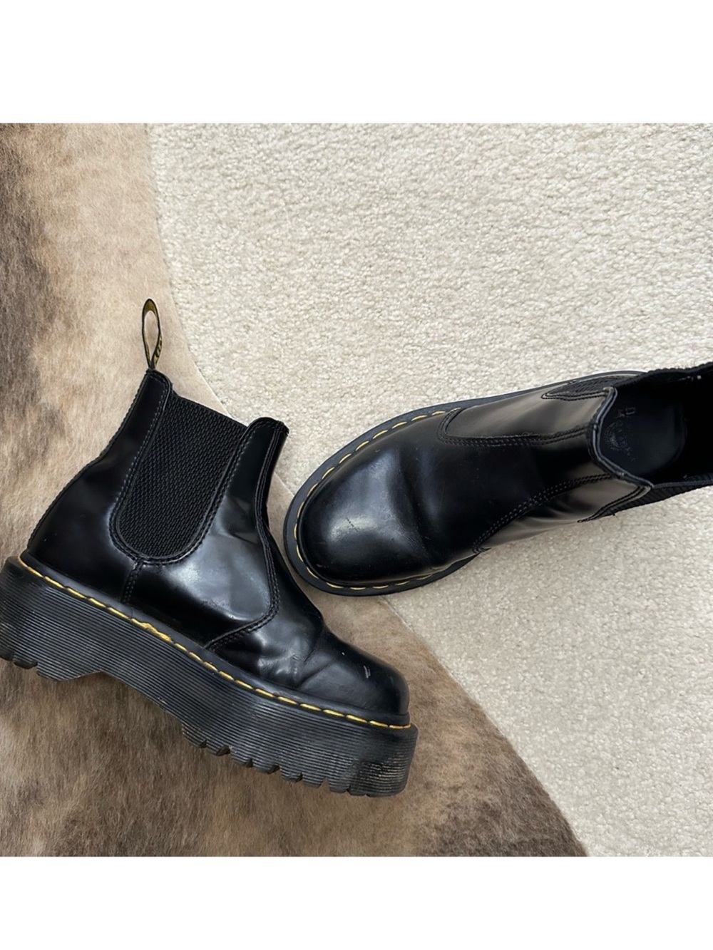 Dr. Martens 2976 Black Smooth Leather Chelsea Platform Boots Yellow Stitching